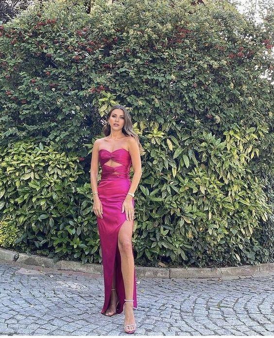 TingPo Wholesale Beautiful Sheath Rose Pink Prom Gown Slit Prom Dresses formal wear dresses